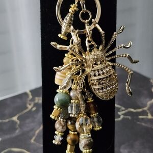 Rhinestone Spider Purse Charm or Keychain Handcrafted Glass Jasper Agate Stone